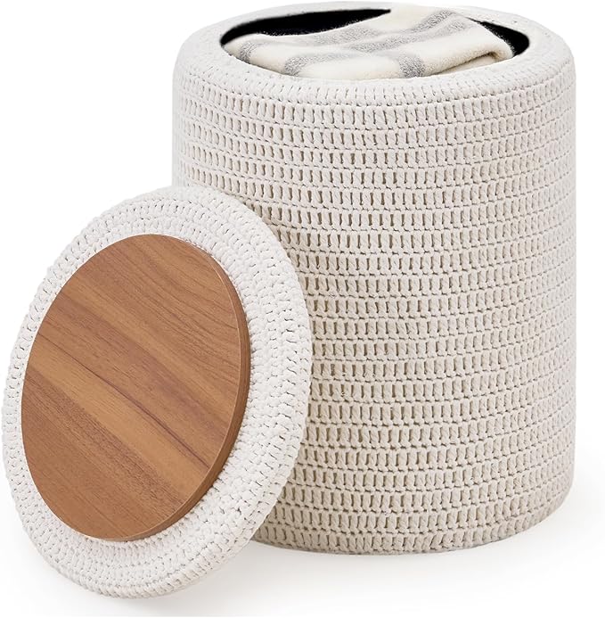 Wimarsbon Pouf Ottoman, 100% Cotton Knitted Boho Footstool, Round Footrest with Non-Skid Wood Legs, Home Décor Handmade Pouffe, Leisure Floor Step Stool for Living Room (14inch White Storage Ottoman)