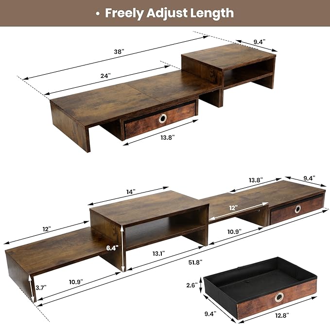 Monitor Riser for 3 Monitors, Dual Monitor Stand for Desk, Triple Monitor Stand with Drawer, Dual Monitor Stand with Storage, Extra Long Triple Monitor Riser up to 52", Angle Adjustable, Rustic Brown