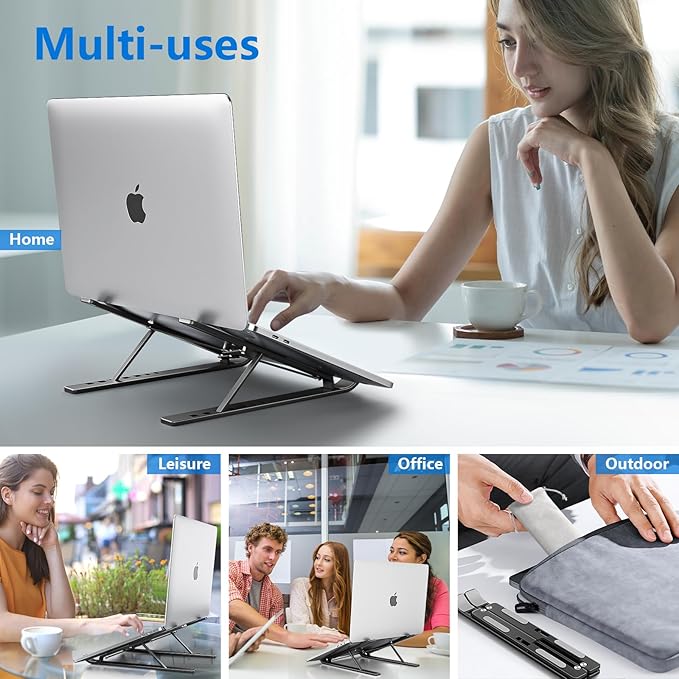 Laptop Stand for Desk, Aluminum Metal MacBook Stand, Computer Riser for Desk, Portable Foldable Adjustable Notebook Holder, Compatible with 10-15.6 Inch Laptops, iPad, Black.