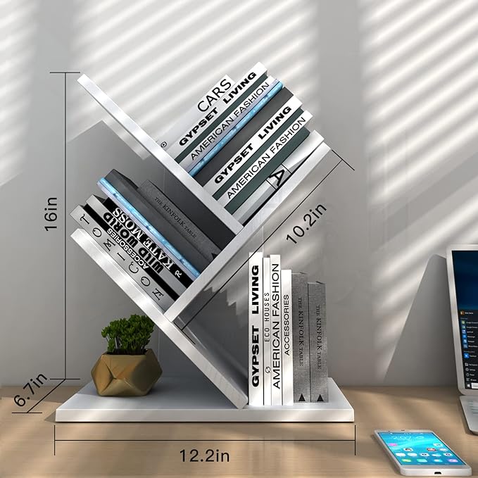 Godferyxin Tree Bookshelf, 3-Tier Small Bookcase for Desk – Wood Small Bookshelf with Storage Shelves, Mini Bookcase for Bedroom, Office, White Bookshelf, CDs, Magazines Desktop Book Tree