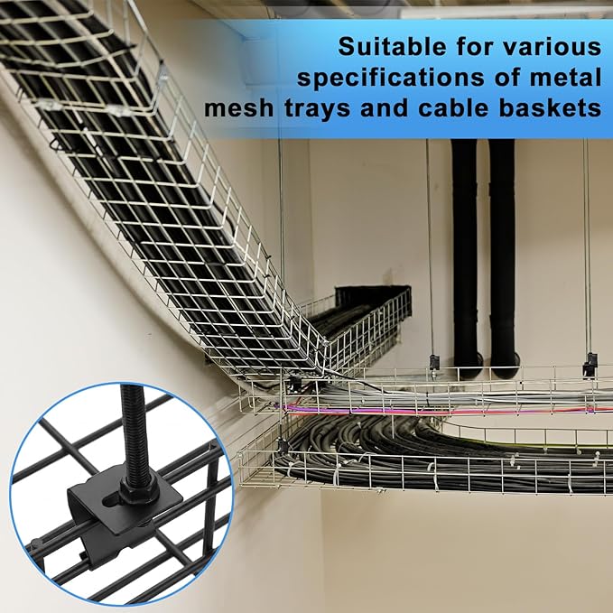 Shimeyao 10 Pcs Wire Mesh Cable Tray Ceiling Hanging Hook, Basket Tray Ceiling Support Hang Bracket, Galvanized Steel Hanging Hook for Network, Fiber Optic, Cabling Accessory (Black)