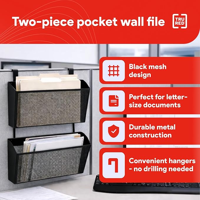 Staples TRU RED Mesh Letter Wall File, 1 - Pocket Hanging Organizer, Black, 2-Pack - Wall - Mounted Office, Door and Cubicle File Holder