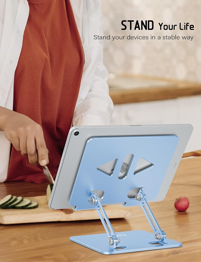 Aoviho Tablet Stand Holder for Desk, Adjustable Aluminum Desk Accessories, Stable Desktop Stand for Office Home,Compatible with iPad Pro Air Mini, Samsung Tablets,Sky Blue