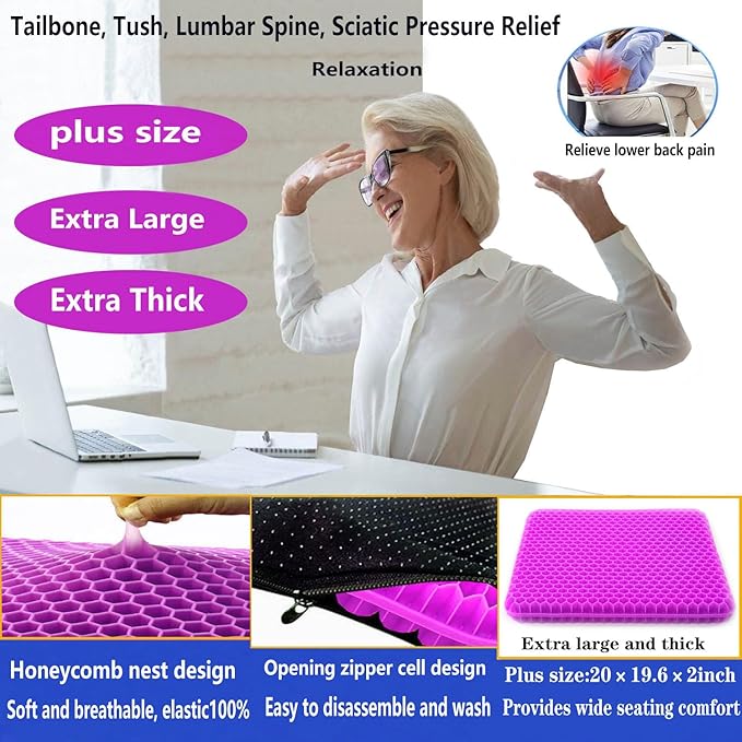 Plus Size Gel Seat Cushion for Long Sitting, Extra Large and Thick, Seat Cushion for Back, Hip, Sciatica, Tailbone Pain Relief, Used for Office, Wheelchair, Car, Recliner, Stadium, Kayka.(Rose red)