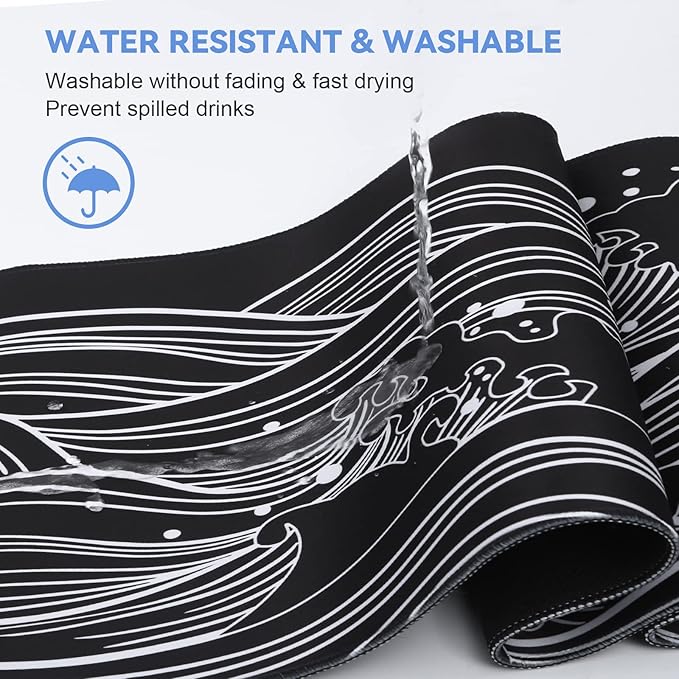 DIGSOM Gaming Mouse Pad - Large 31.5 x 11.8 in Black and White with Stitching Edges, Non-Slip Rubber Base Large Mouse Mat and Keyboard Pad (Sea Wave)