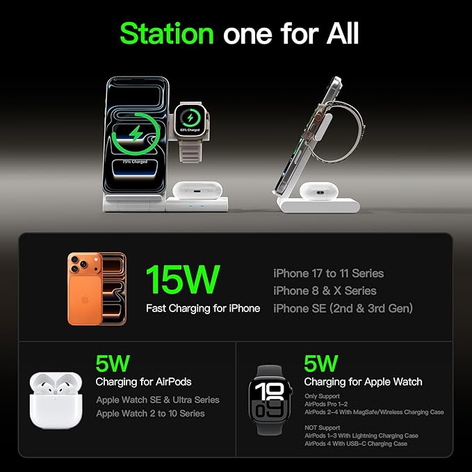 New Travel Portable Wireless Charger: for Apple Charging Station 3 in 1 Charger Stand Multiple Devices for Apple - iPhone 17 16 15 14 Pro Max 13 12 11 - Watch 2-11 SE Ultra Series - Airpods 4 3 2 Pro