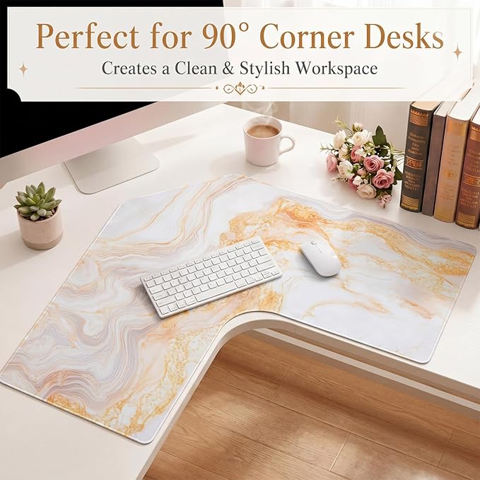 Relaxweex L Shaped Desk Mat for 90° Corner Desks, 26" x 26" Gold Waterproof Mouse Pad with 18" Inner Corner, Non-Slip Rubber Desk Protector for Office & Gaming