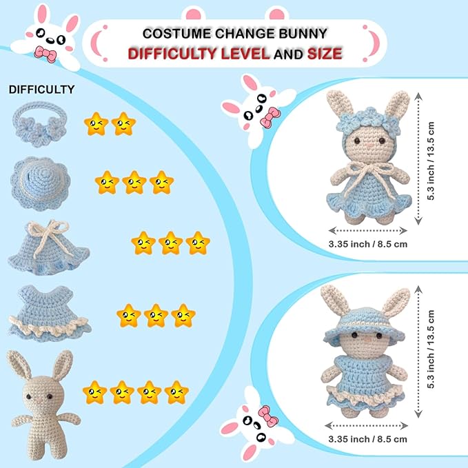 LoopMap Amigurumi Crochet Kit for Beginners with Removable Dress & Video Tutorials, DIY Bunny Making Kit Includes Premium Yarn & Tools, Creative Gift for Adults Teens (Blue)