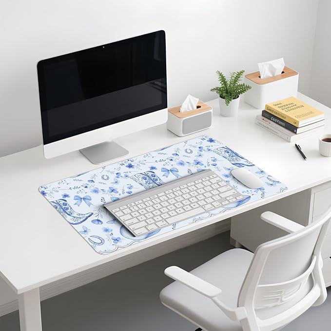 Western Cowgirls Desk Mat,Blue and White Floral Bow Mouse Pad,Blue Chinoiserie Large Mouse Pad,Preppy Coquette Girly Laptop Desk Mat for Dorm Western Accessories Gaming Mousepad 23.6x11.8In