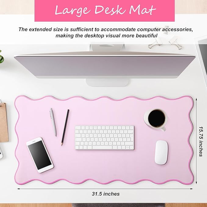 Hahafelt Scalloped Desk Mat Large Desk Pad Cute Coquette Table Mat Aesthetic Preppy Table Make up Pad Nonslip 2026 Graduation Gift with Stitching Waterproof Gaming(Pink,31.5 x 15.8 Inches)