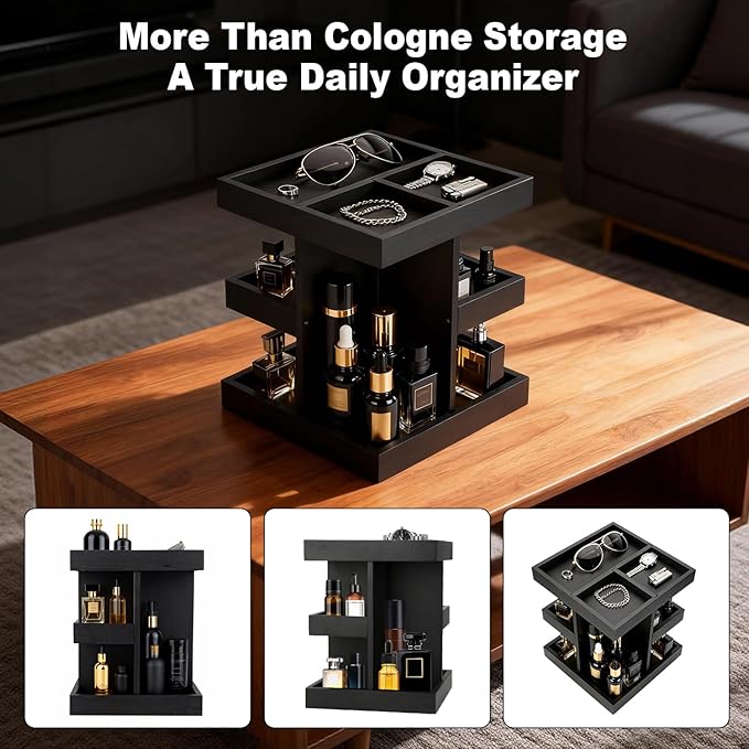 Cologne Organizer for Men, 3-Tier Perfume Stand with 360° Rotation, Wood Cologne Shelf for Desk, Nightstand Organizer, Dresser, Birthday Gifts for Husband Boyfriend, Gift for Dad From Wife (Black)