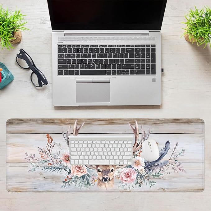 Floral Deer Desk Mat Rustic Nature Wood Farmhouse Mouse Pad Large Mousepad Extended Laptop Keyboard Mat Gaming Desk Pad Mouse Mat 31.5"x11.8"