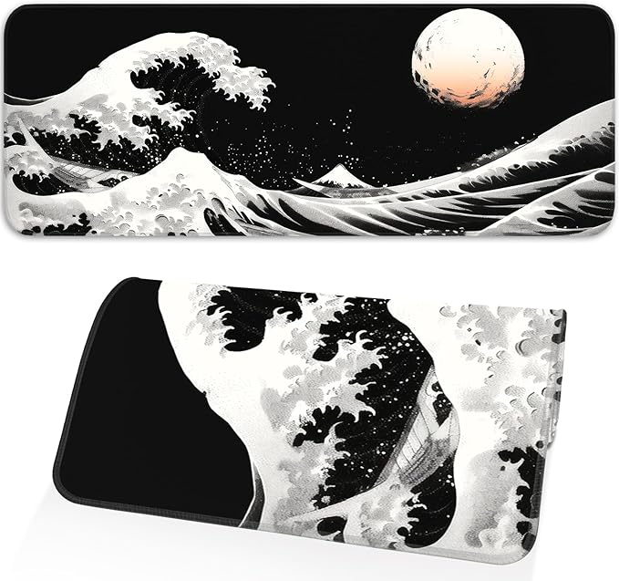 Gaming Mouse Pad, Japanese Mouse Pad, Non-Slip Rubber Base, for Laptop, Office and Home, 31.5x11.8 Inch Desktop Waterproof Desk Pad, Ocean Wave Anime Black Gaming