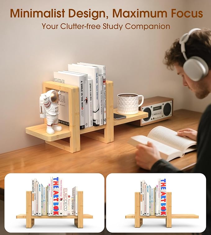 Small Adjustable Desk Bookshelf Organizer – Open Bookend Shelf Flexible to Fit as Much or as Little with Slide-in Joints | Portable, Reversible for Class, Dorm, Home Office | Bamboo