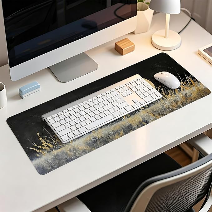 Vintage Gold and Black Full Moon Wilderness Mouse Pad,Aesthetic Dark Night Nature Scenery Desk Mat,Rustic Cottagecore Grassland Mousepad for Home Office Dorm Desktop Decor,31.5x11.8 Inch