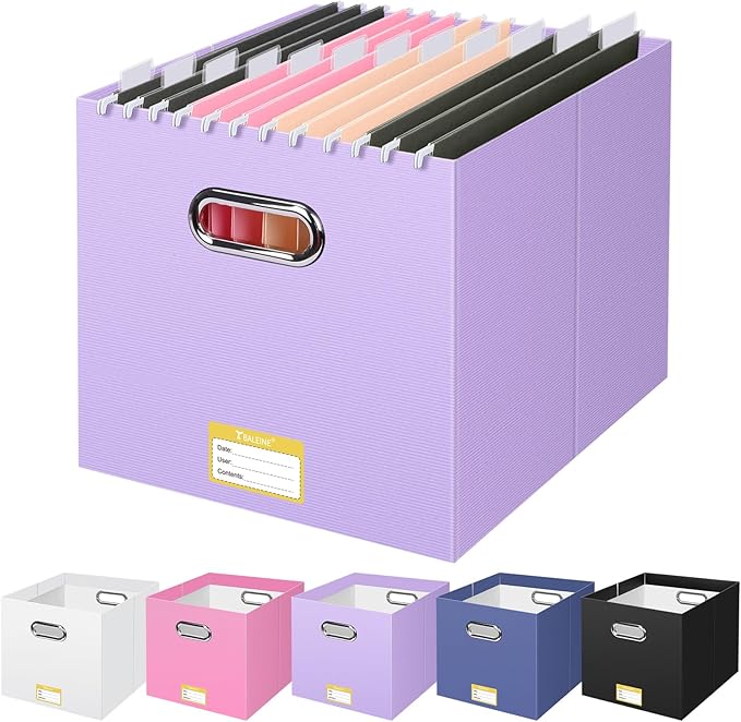 BALEINE File Organizer Box, Cardboard File Folder Organizer with Handle for Letter Size, Portable Collapsible Hanging Filing Box for Home Office Document Storage (1 Pack, Large Lavender)