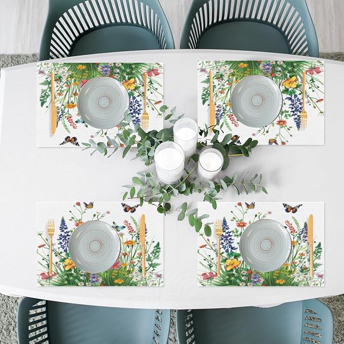 Placemats Set of 4 Heat-Resistant Rectangle Place Mats Grass Flower Floral Washable Plastic PVC Dining Table Mat Non-Slip Wipeable Woven Vinyl Placemat for Kitchen Patio Table Decor