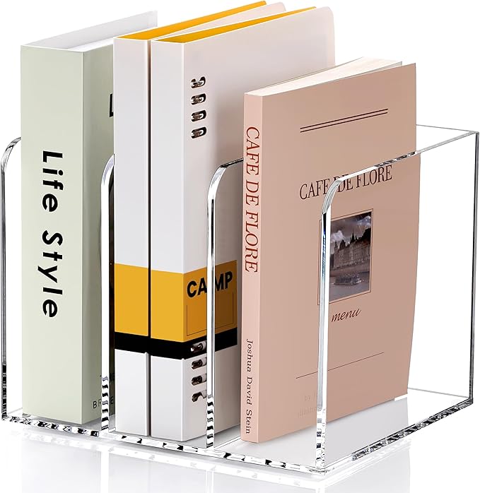 SANRUI Clear Acrylic File Organizer - 3 Compartments Magazine Holder, Vertical File Sorter for Home Office/Classroom/Dorm, Non-Slip Desk File Rack, No Assembly Required, B5 Size