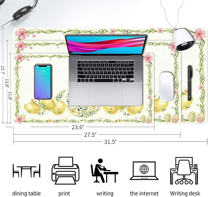Green Leaves Mouse Pad PU Leather Eggs Desk Mat Large Waterproof Gaming Pad Non-Slip Keyboard Mouse Pad Writing Pad for Gamer Office&Home