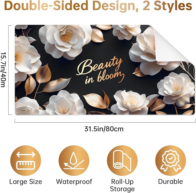 Dual-Sided PU Leather Desk Mat Blotter for Office, Home, Computer, Keyboard, Mouse, 15.7"x31.5" Large Non-Slip Writing Mat with Travel Storage Strap, Waterproof Easy to Clean (White Camellia)