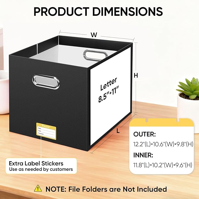 BALEINE File Organizer Box, Cardboard File Folder Organizer with Handle for Letter Size, Portable Collapsible Hanging Filing Box for Home Office Document Storage (1 Pack, Large Black)