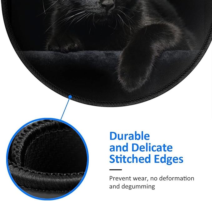 Black Cat Round Mouse Pad Premium Textured Mouse Mat Washable Mousepads with Extended Stitched Edges Non Slip Rubber Base Small Mousepad 7.9 * 7.9 * 0.12 Inches