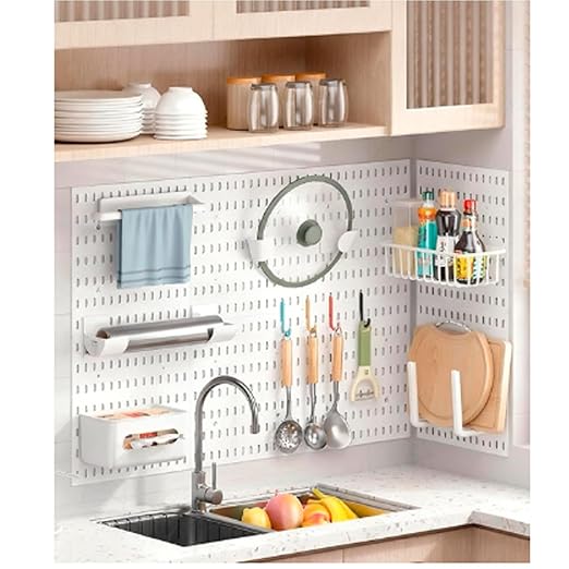 4 Pack White Peg Boards with Hooks & Shelves,22pcs Kits Pegboard Wall Organizer Set–Pegboard Wall Display Rack for Office, Kitchen, Gaming Room Desk Pegboards Storage