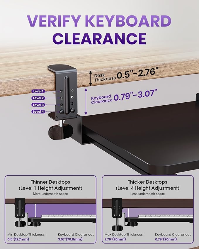 Ergonomic Keyboard Tray Under Desk, Pull Out with Adjustable C-clamp, 25.6 (31.5 Including Clamps) x 11.8 Inch Slide Out Computer Keyboard Drawer Mouse Tray for Typing, Large & Black