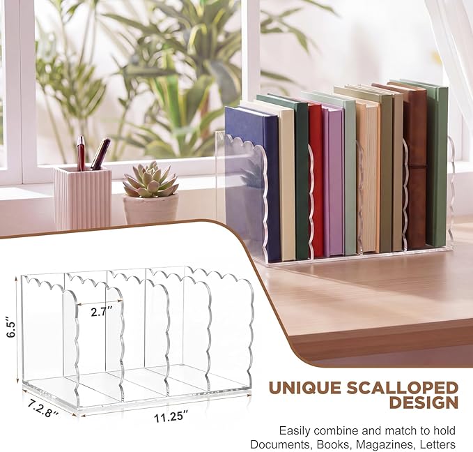 Suzile Scalloped Acrylic Magazine File Holder, 4-Compartment Clear Desk Organizer Vertical Bookends Organization for Office, Binders, Documents, Tablets, Magazines, Books(11.26 x 7.28 x 6.5 Inches)