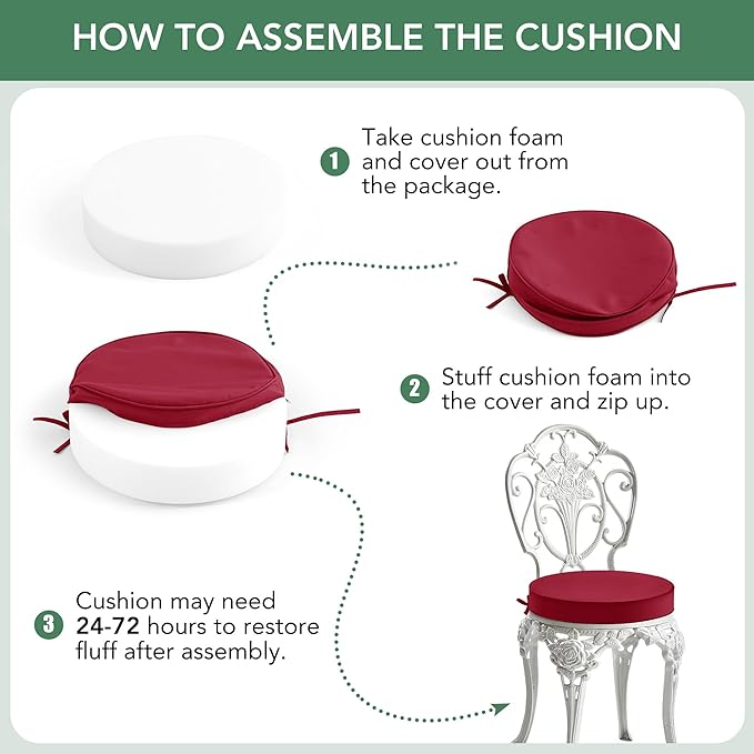 Summsun Outdoor Bistro Chair Cushions Set of 4, 15" D x 3" H Round Chair Cushions Waterproof and Fade Resistant Chair Cushion Pads with Non-Slip Ties and Removable Covers for Garden, Burgundy
