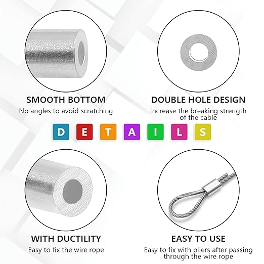 100Pcs Wire Rope Stop Sleeves, 1/16 Inch (1.5mm) Aluminum Crimping Loop Sleeve Round Cable Stop for Wire Rope