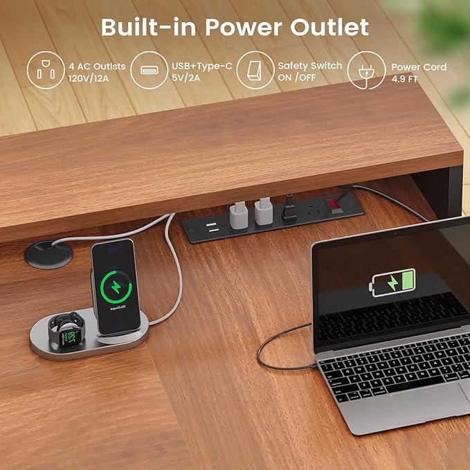 SEDETA 59" L Shaped Desk with Drawers, Farmhouse Corner Computer Desk, Wood Office Desk with File Drawers with Storage, Home Office Desks with Monitor Stand and Storage Cabinet, Brown and Black