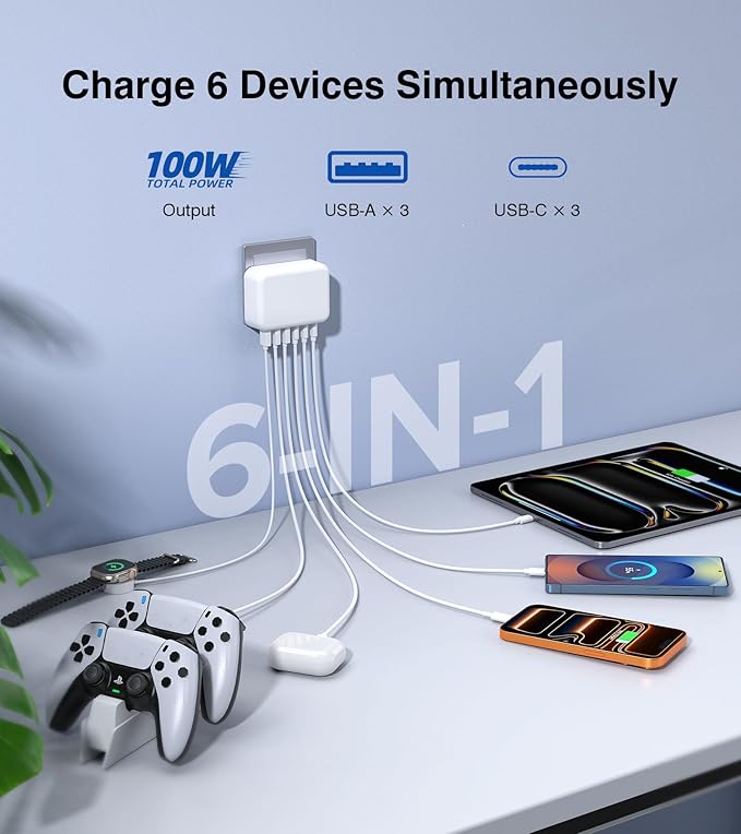 Flat USB Wall Charger, 100W 6-Port USB Charger Block, Fast Charging Block Station Outlet Plug Adapter with 20W Port Power Delivery and Type-C for iPhone 17/16/15/14/13/12/11/Pro Max/XS/XR/8/7,Tablets
