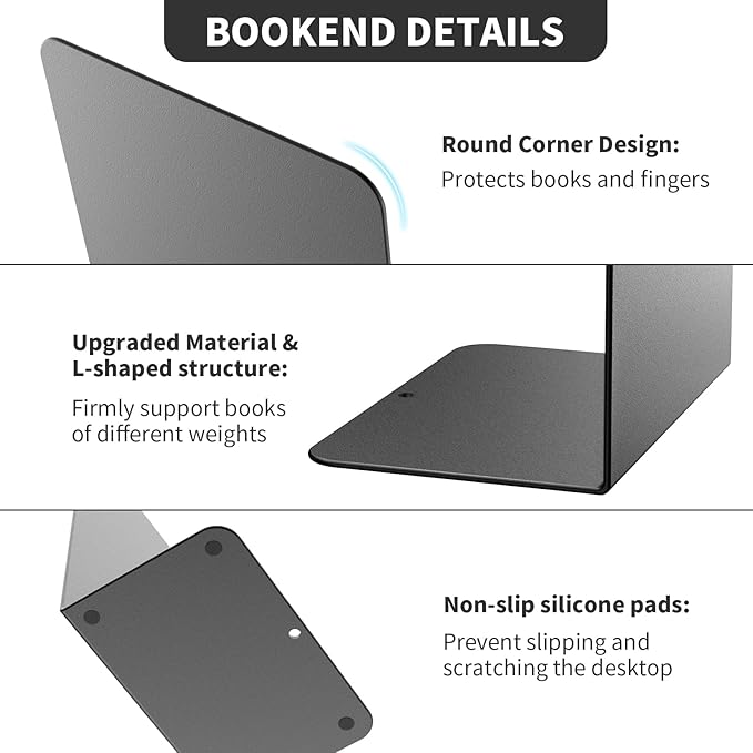 Book Ends, 8 Pieces Metal Bookend for Shelves, Bookends for Heavy Books, Book Holders for Shelves, Desk Organizers, Book Dividers for Office, School, Bookstore, Home