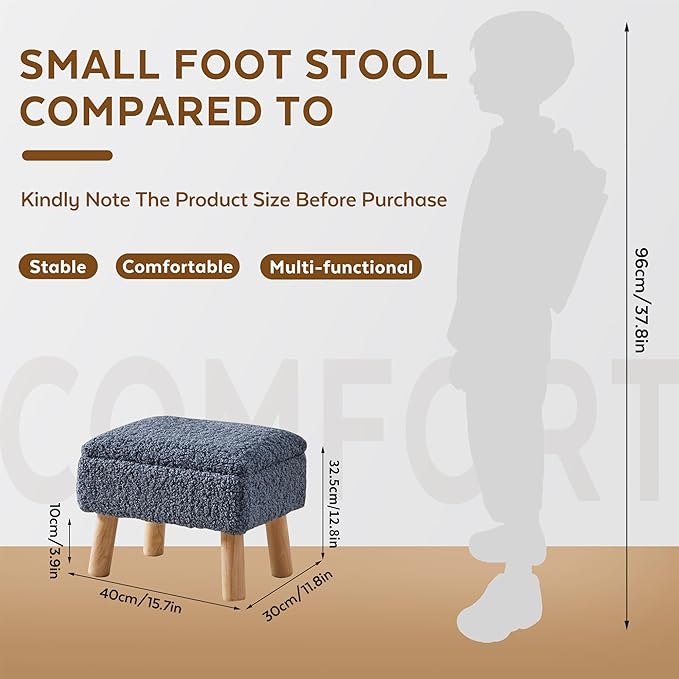 Storage Ottoman, Small Foot Stool Ottoman with Storage, Teddy Velvet Foot Rest with Wood Legs, Footstool for Living Room, Bedroom, Entryway, Blue