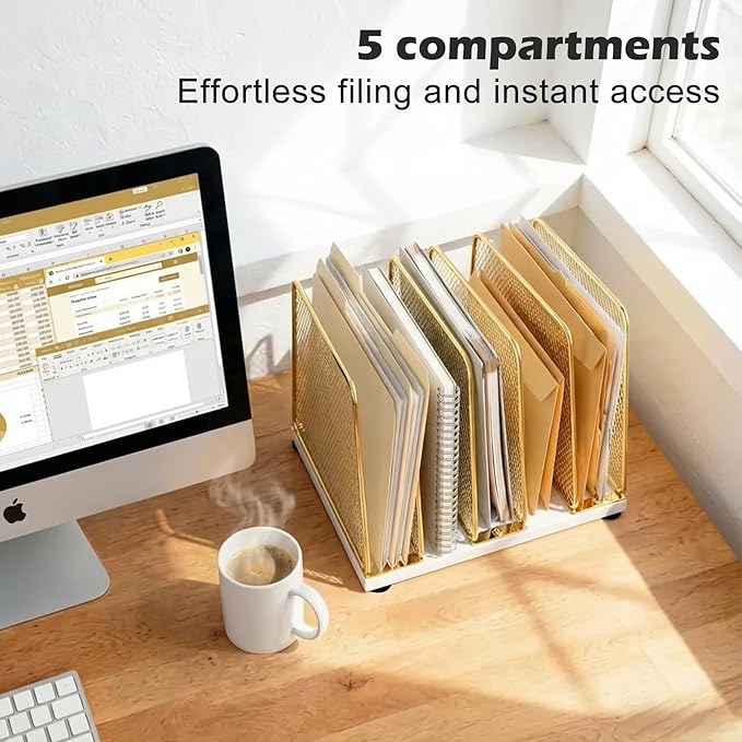 AUPSEN 5-Section Gold File Organizer for Desk, Wood Mesh Desktop File Organizer, File Sorter Storage Rack, Vertical Folder Holder for Files, Magazines, Books (Gold)