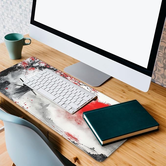 Japanese Samurai Mouse Pad Red Sun Landscape Mousepad XL Large Gaming Mouse Pad Laptop Keyboard Mat Desk Pad Office Computer Keyboard Laptop 31.5"x11.8"