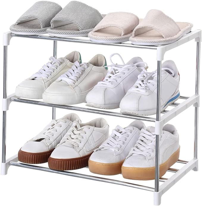 Jucaifu Stackable Small Shoe Rack, Entryway, Hallway and Closet Space Saving Storage and Organization (3-Tier, White)