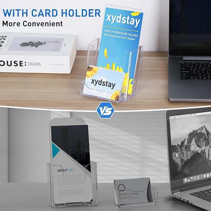 xydstay 4x9 Acrylic Brochure Holder with Business Card Holder, Clear Display Stand, Plastic Table stand Sign Holder, Pamphlet Holder Flyer Holder, Acrylic Display Stand for Office, Home, Store, 4 Pack