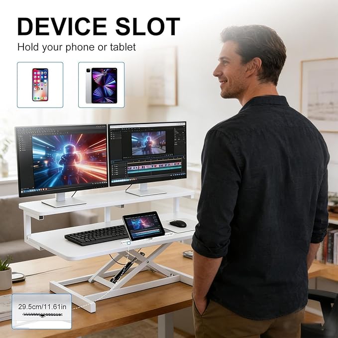 Ergonomic Desk Riser for Standing Height Adjustable Standing Desk Converter 10.2-24.8" 33 Lbs Capacity U-Shapeds Top & Keyboard Tray for Home Office White