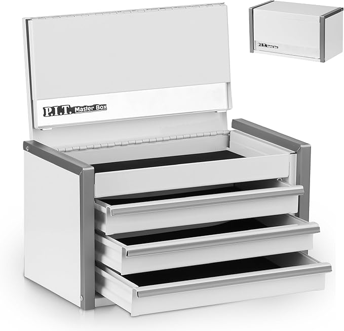 P.I.T. Mini Tool Box 8.6"W X 4.6"D, Portable 3 Drawer Steel Stackable White Tool Box with Magnetic Tab Locking, White Micro Top Chest with Liner for Tools Storage and Organizers, Home DIY