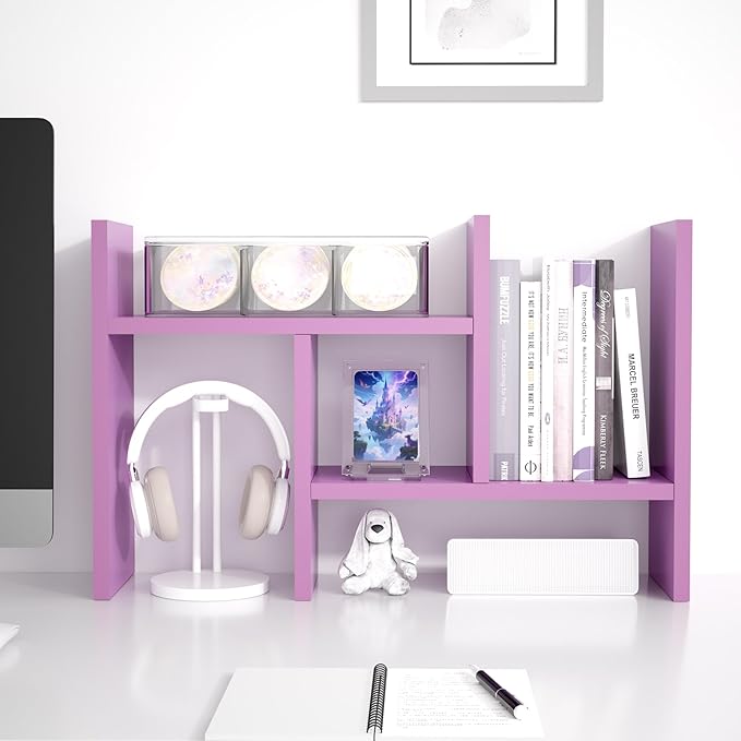 Jerry & Maggie Desktop Organizer Office Storage Rack Adjustable Wood Display Shelf Free Style Double H, Multi-Functional Mini Bookshelf for Desk Natural Stand (Violet/2 Pack)