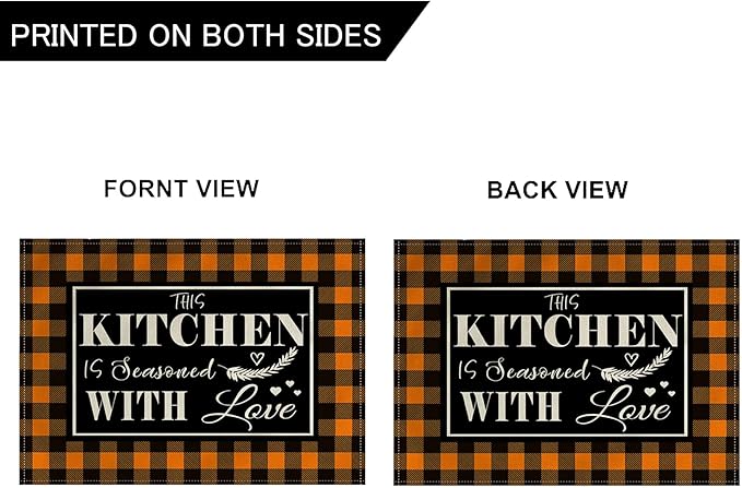 4Pack Farmhouse Decor Placemats Orange White Buffalo Plaid Kitchen Inspirational Quotes Decor Table Mats Waterproof Heat Resistant Washable Non-Slip Place Mats for Dinner Kitchen Decor Table 12”×16”