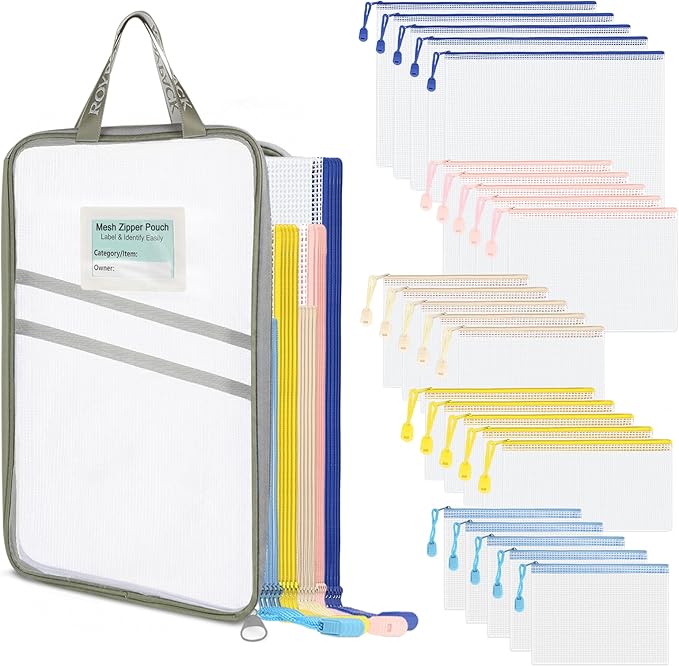 25-Pack Mesh Zipper Pouch Set with 1 Organizer Bag, 5 Sizes (A4 A5 A6 Bill B6) Clear Waterproof File Bags for Classroom Organization, Puzzle Storage & Large Scale Home Sorting (26pcs)