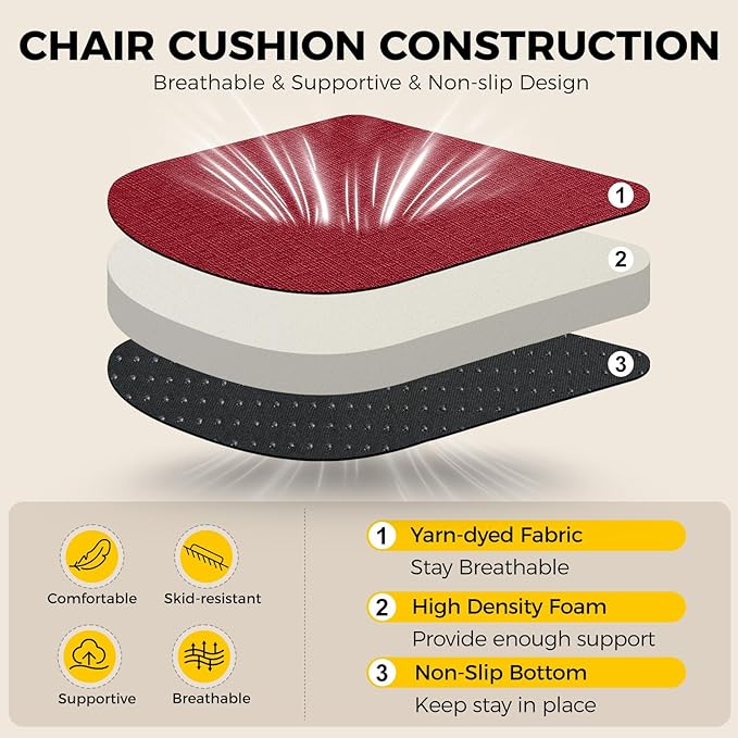 downluxe Indoor Chair Cushions for Dining Chairs, Soft and Comfortable Textured Foam Kitchen Chair Pads with Ties and Non-Slip Backing, 16" x 16" x 2", Red, 6 Pack