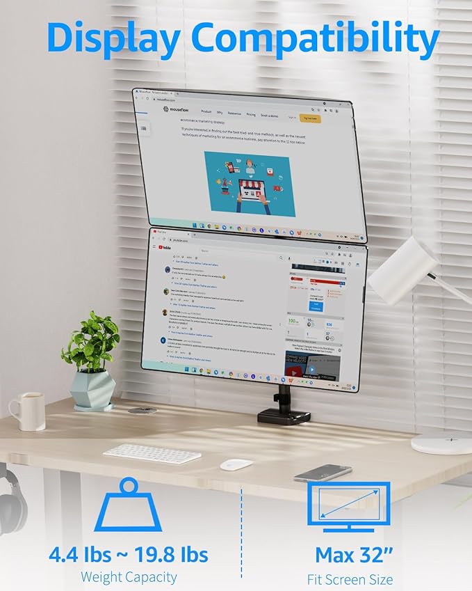 MOUNTUP Vertical Dual Monitor Mount Holds 4.4-17.6lbs, up to 32 Inch Stacked Monitor Mount with Gas Spring Arm with Clamp/Grommet Base, Dual Monitor Stand for Desk, For Home Office, VESA 75x75/100x100