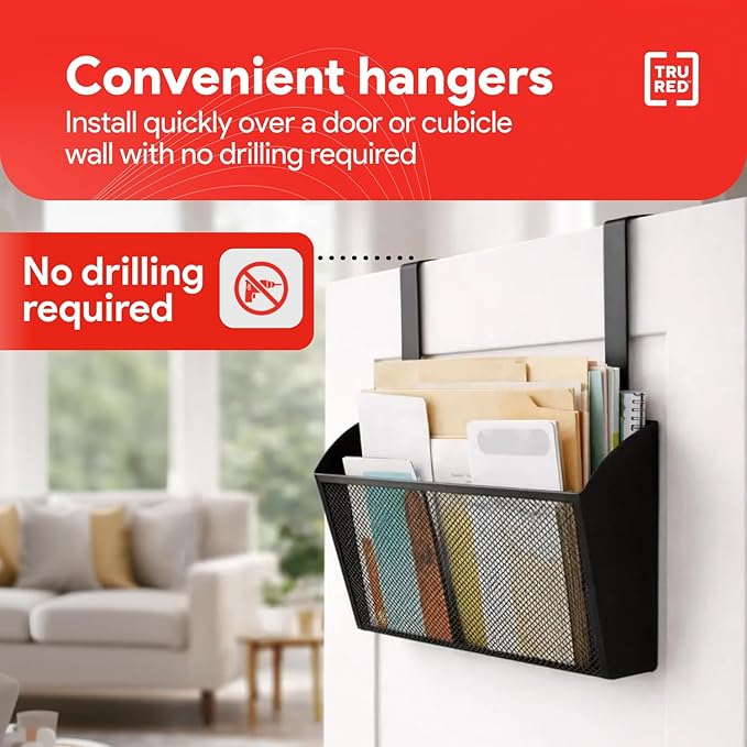 Staples TRU RED Mesh Letter Wall File, 1 - Pocket, Black - Wall - Mounted File Organizer for Mail, Documents and Quick - Access Storage