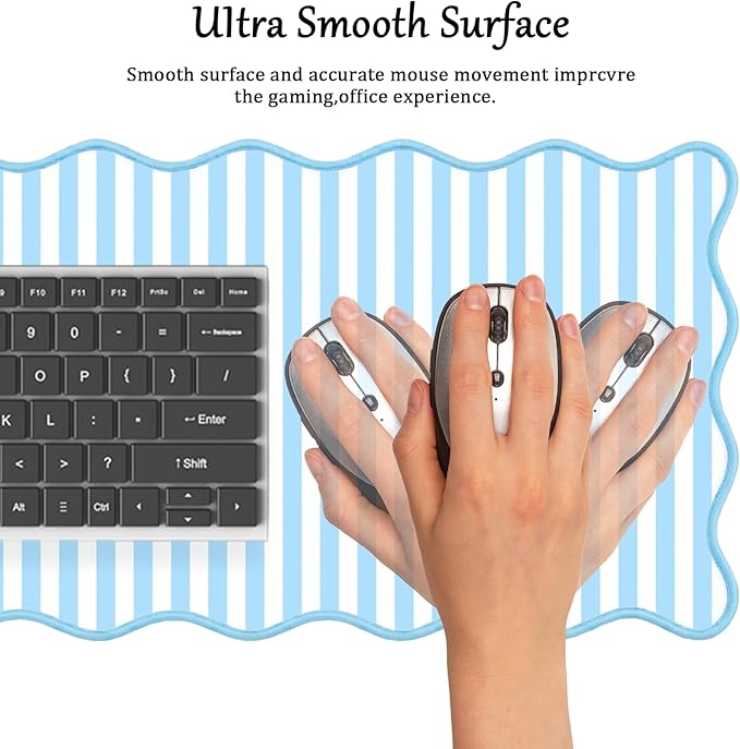 Scalloped Desk Mat Extended Large Cute Striped Mouse Pad Big Desk Pad XXL Aesthetic Stripe Mousepad Gaming Mouse Pad for Keyboard Computer Laptop Home Office Accessories 35.4X15.7Inches Blue White