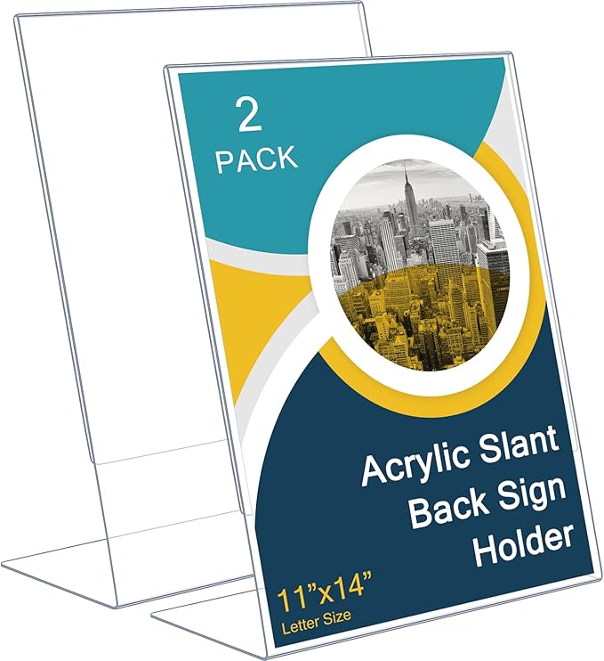 Sanwuta 2 Pack Acrylic Sign Holder,Slant Sign Display Stand,Transparent Flyer Holder Frame Plastic Document Display for Workers Teachers Office Home Menu Desktop (11 x 14 Inch)