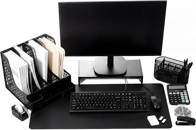 Glenmal 12 Pcs 12-in-1 Office Desk Organizer Accessories Set with Desk Pad Protector Computer Riser File Organizer Pen Holder Calculator Scissors Stapler Staples Folder Set Pens Tape Cutter